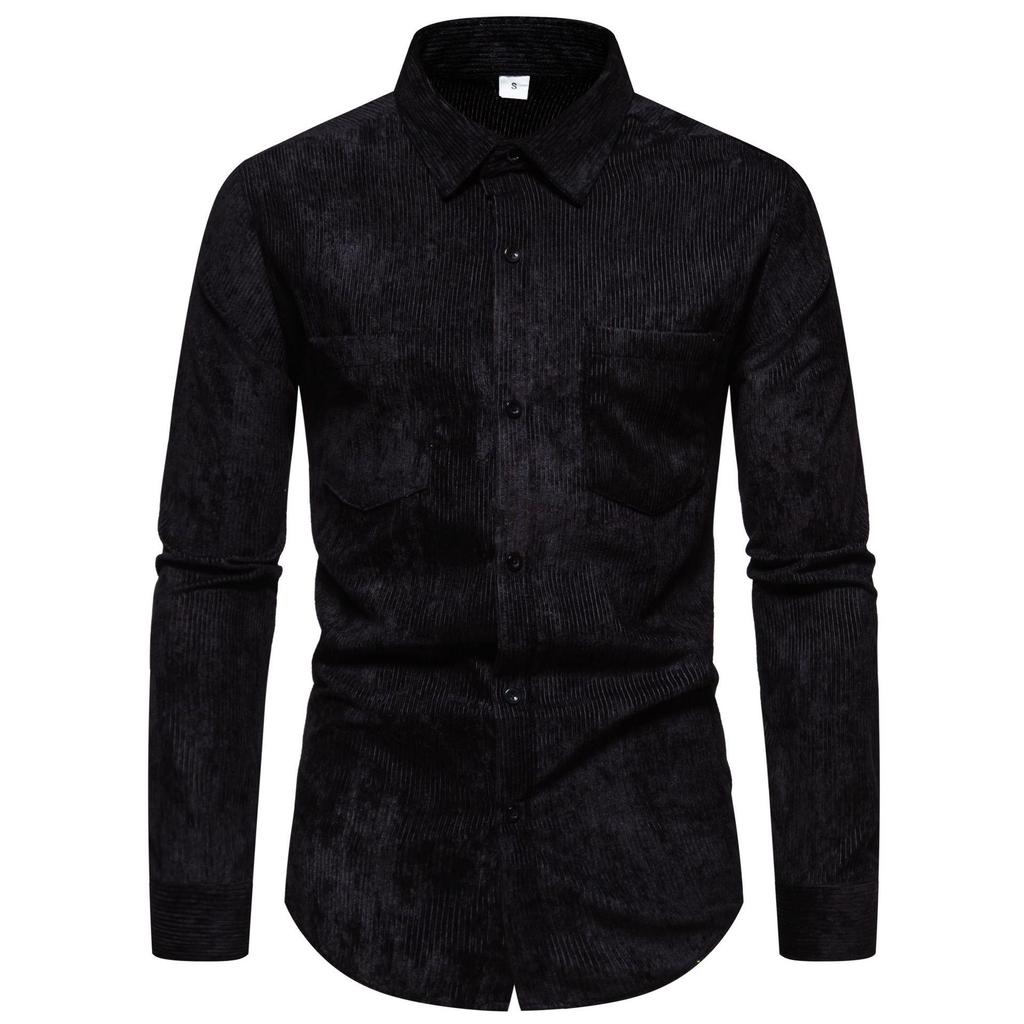 Men's Retro Solid Color Shirts Long Sleeve Shirt Jacket Casual Business Shirt for Men Lightweight Work Corduroy Lapel Shirts