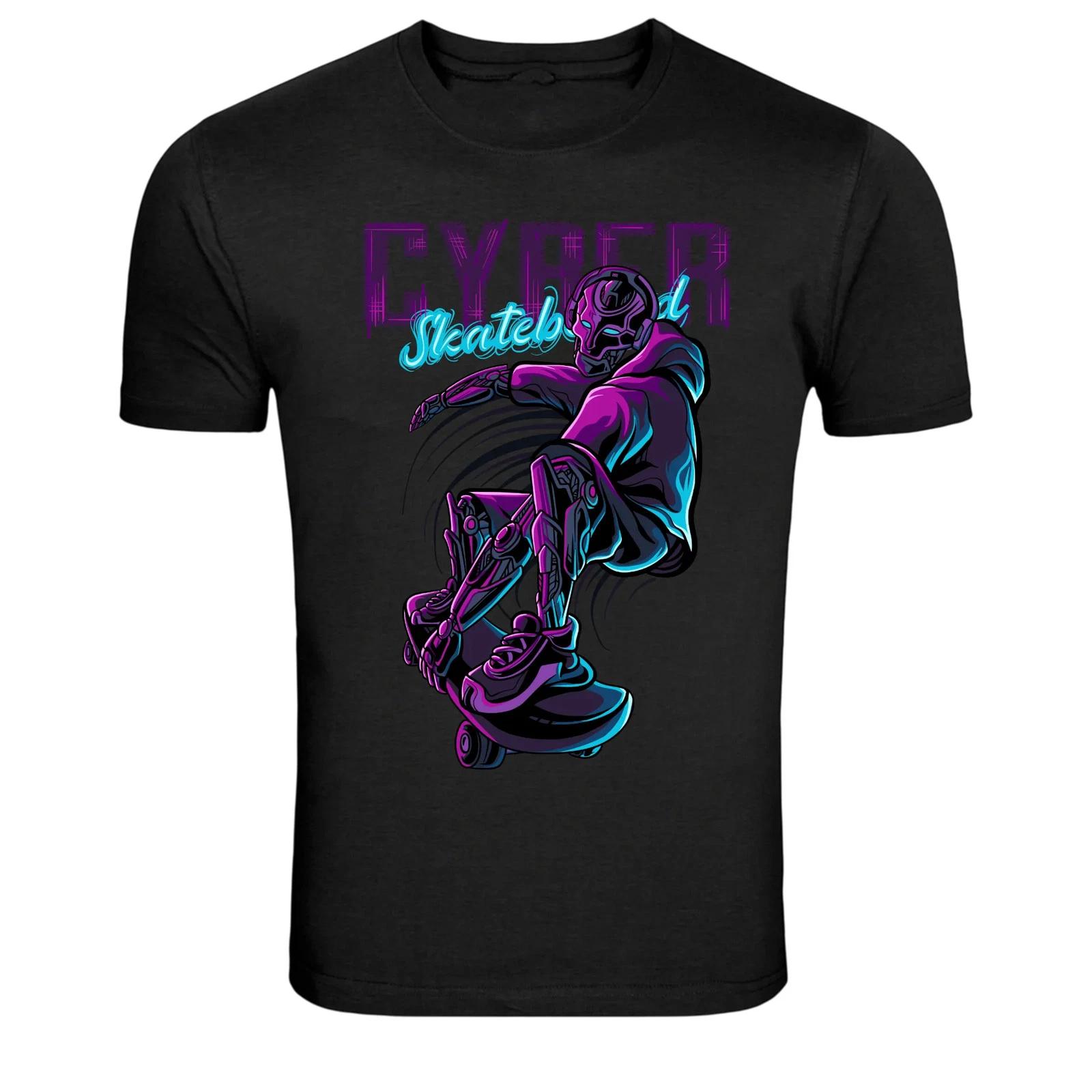 Cyber Robot Skateboard Neon Futuristic Graphic T-Shirt M