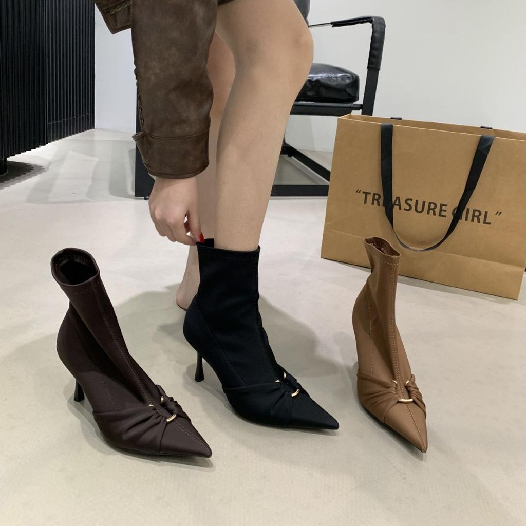 2025 Autumn and Winter New Simple Retro Satin Pointed High-heeled Short Boots Women's Thin-heeled Elastic Boots Thin Boots