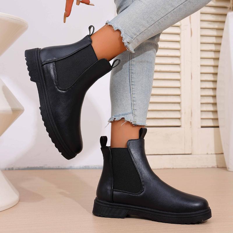 Womens Boots Casual Chelsea Ankle Boots Round Toe Black Pu Leather Short Boots Woman Comfort Low Heels Slip On Shoes Botas Mujer