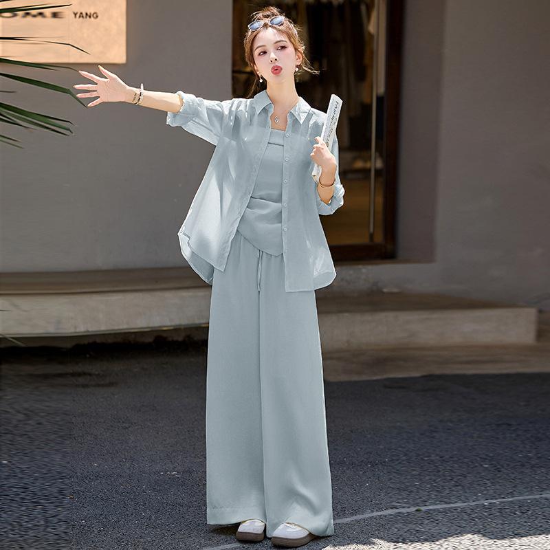 

Летний новый простой модный свободный темпераментный тенселевый костюм-тройка: брюки на бретелях и топ с защитой от солнца для женщин XXL синий