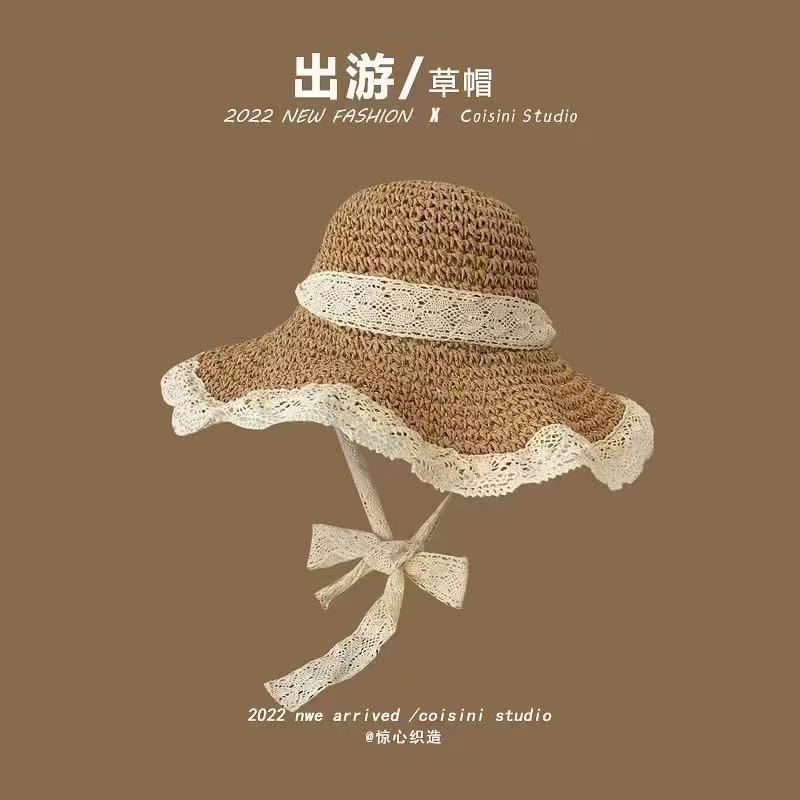 New summer versatile outdoor visor big brim bucket hat portable sunscreen sun hat bow women's hat