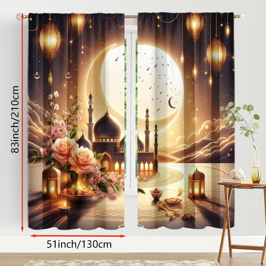 2PCS Golden Moon Mosque Flower Curtains   Islamic Lent Warm Wind   Bedroom and Living Room   Pull up Pocket Style