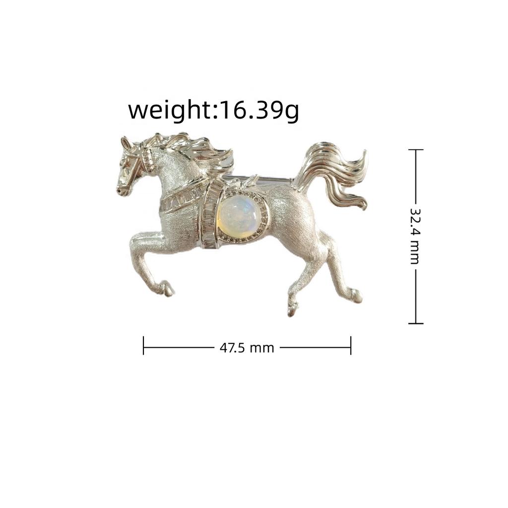 Aipureer Year of Horse Mascot Natural Opal Rigato Silver Pony Brooches Pin for Women Men Lucky Blessing Multi-use Fine Jewelry