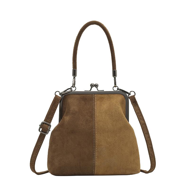 Damen Retro Crossbody-Tasche aus Wildlederimitat, Elegante Schultertasche mit Kontrastfarbe und Bügelverschluss, Abnehmbarer Schultergurt, Kleine Handtasche, Alltags-Handtasche