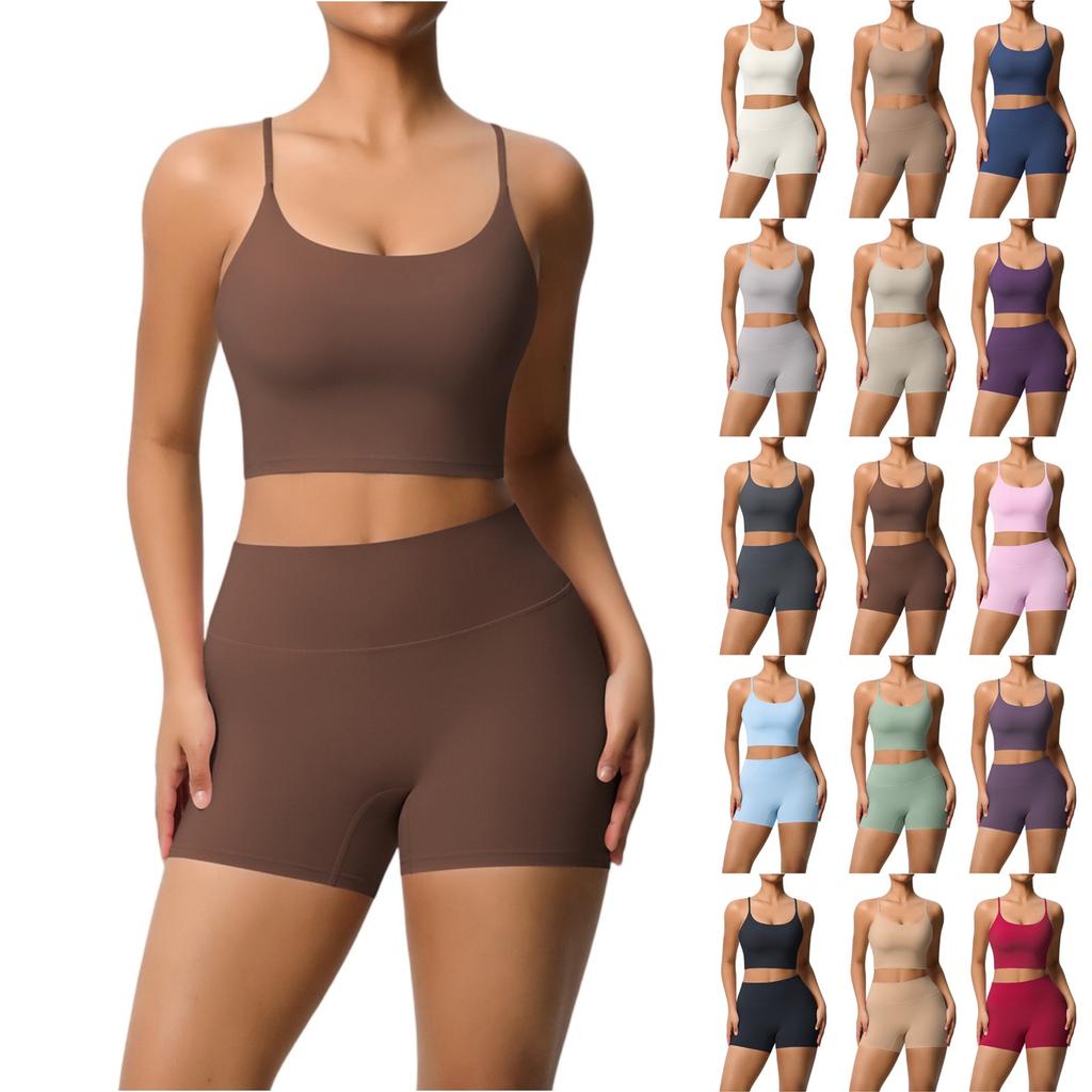Women's Fashion Solid Color Back Top Tight Breathable Yoga Clothing Sports Running Fitness Shorts Set