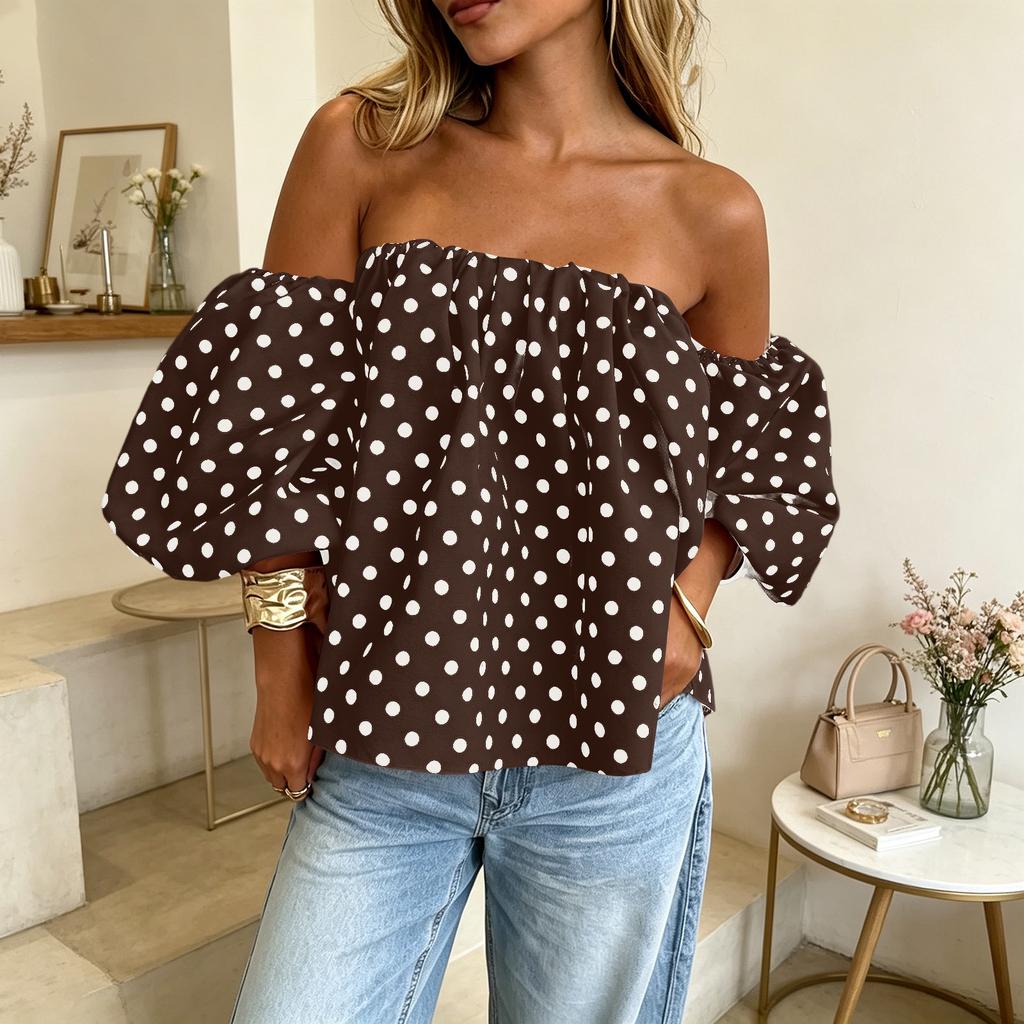 Women Off Shoulder Polka Dot Blouse Puff Sleeve Elastic Neckline Casual Loose Fit Pullover Top Summer Fashion
