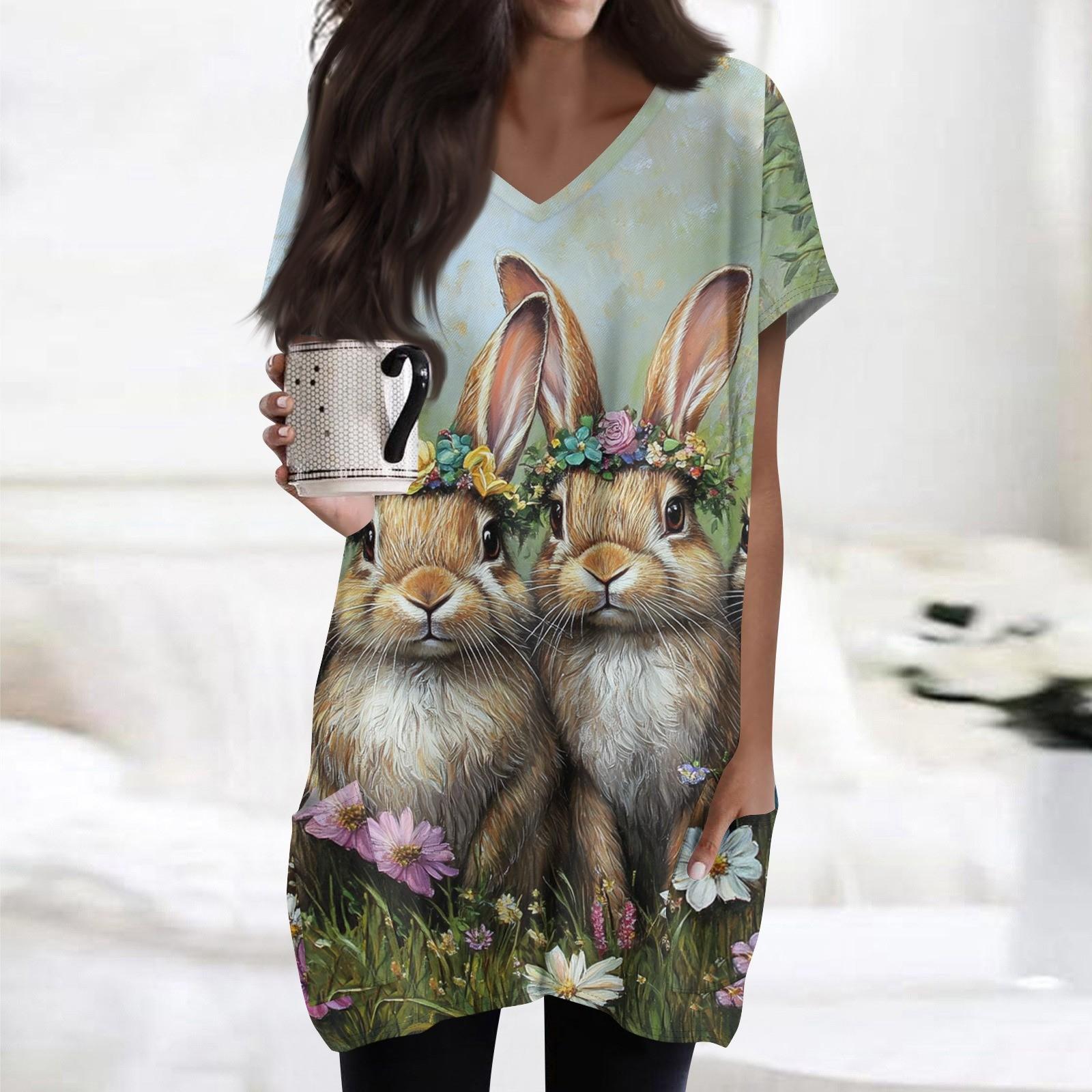 

Женские топы с V-образным вырезом, блузки с коротким рукавом, повседневные рубашки средней длины, модные туники с принтом и карманами XL