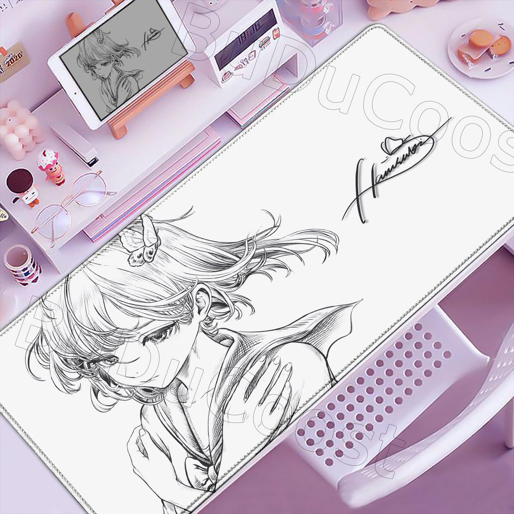 Kawaii Black & White Anime Girl Table Mat Large Mouse Pad Office Keyboard Lock Edge Desk Mat Gamer Accessories Non-slip Mousepad