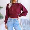 Women's Autumn and Winter Solid Color Hollow Striped Lantern Sleeve Crop Knit Sweater