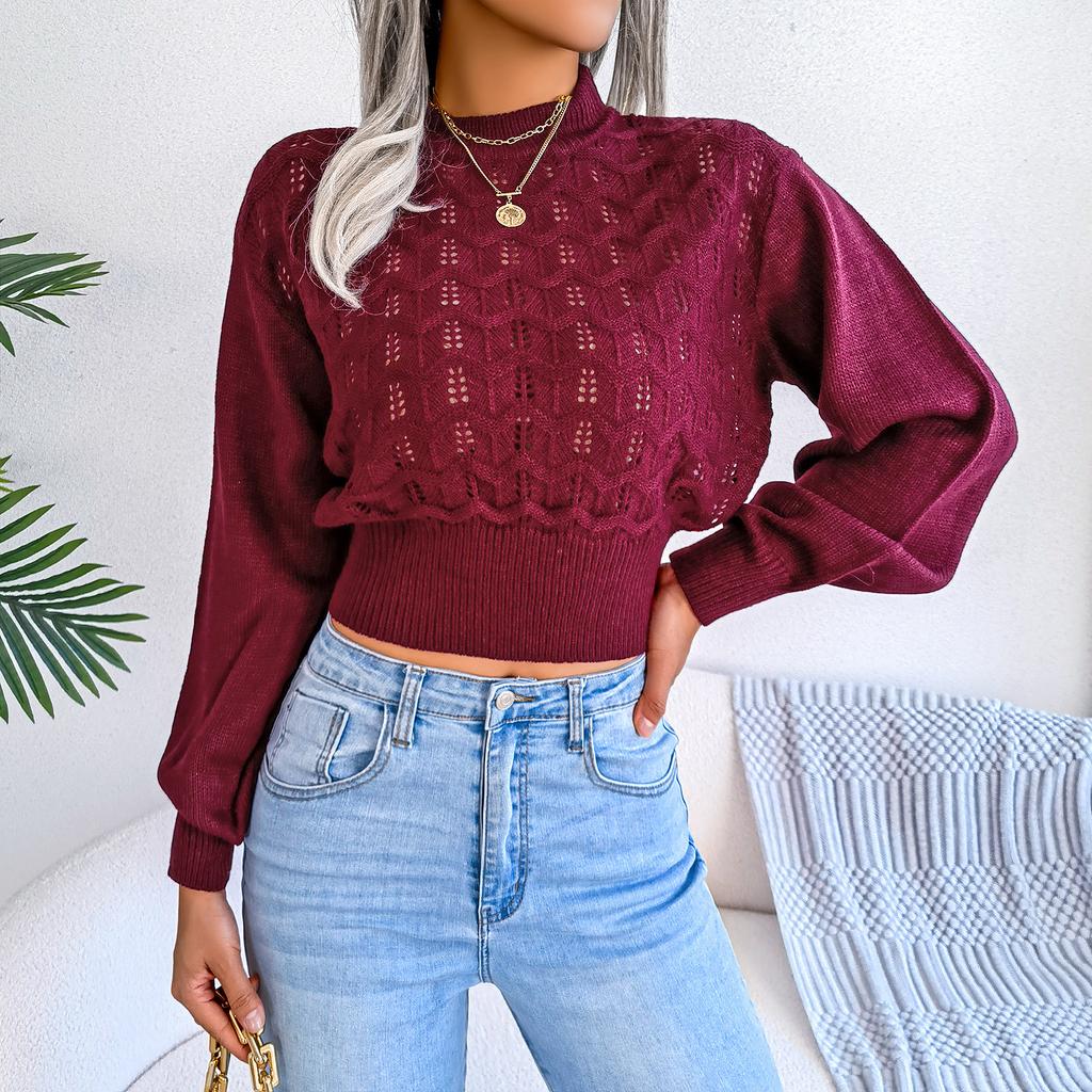 Women's Autumn and Winter Solid Color Hollow Striped Lantern Sleeve Crop Knit Sweater