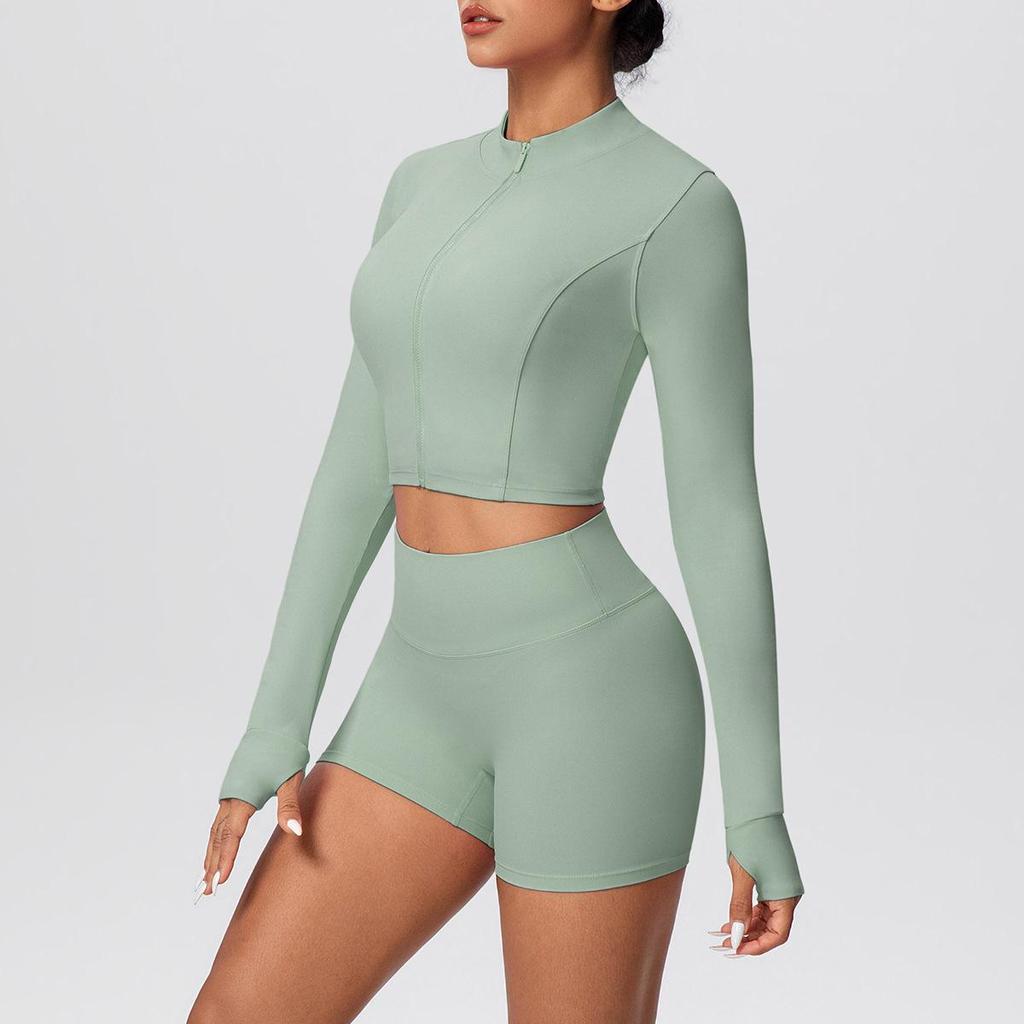 High-Waisted Hip-Lift Sports Shorts & Zip Jacket Yoga Set - Nude Feel for Casual Run & Fitness
