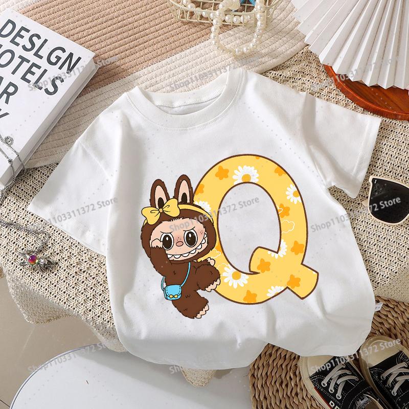 Labubu T-Shirt Buchstaben A-Z Aufdruck Kurzarm Jungen Mädchen Kleidung Mode Baumwolle Kinderbekleidung Kawaii Kleinkind Geburtstagsoberteile