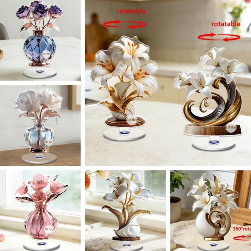 Delicate Flower Pattern Optional Acrylic Display Stand Rotates Desk Ornament 2D Flat Acrylic for Home Decorations