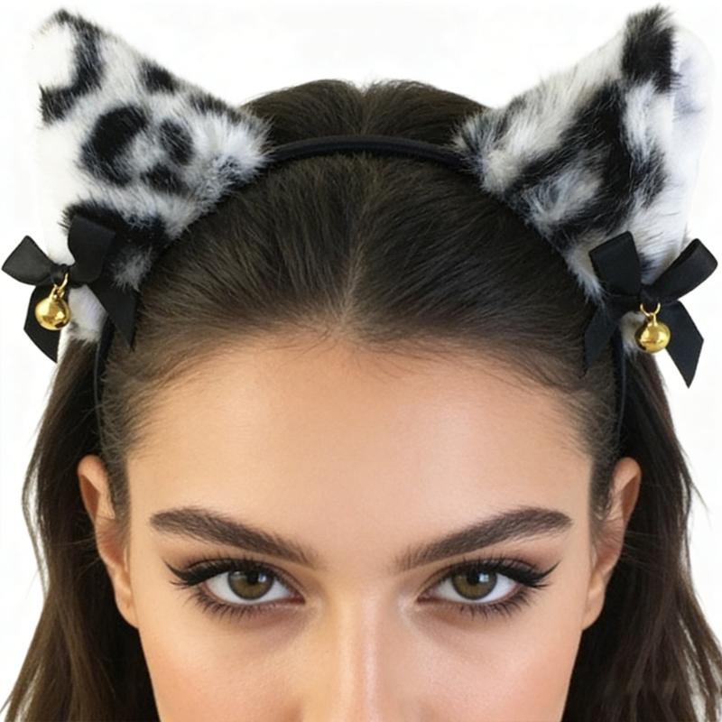 Soft Furry Leopard Print Cats Ear Headband With Attached Bells For Cosplay Halloween And Dance Parties