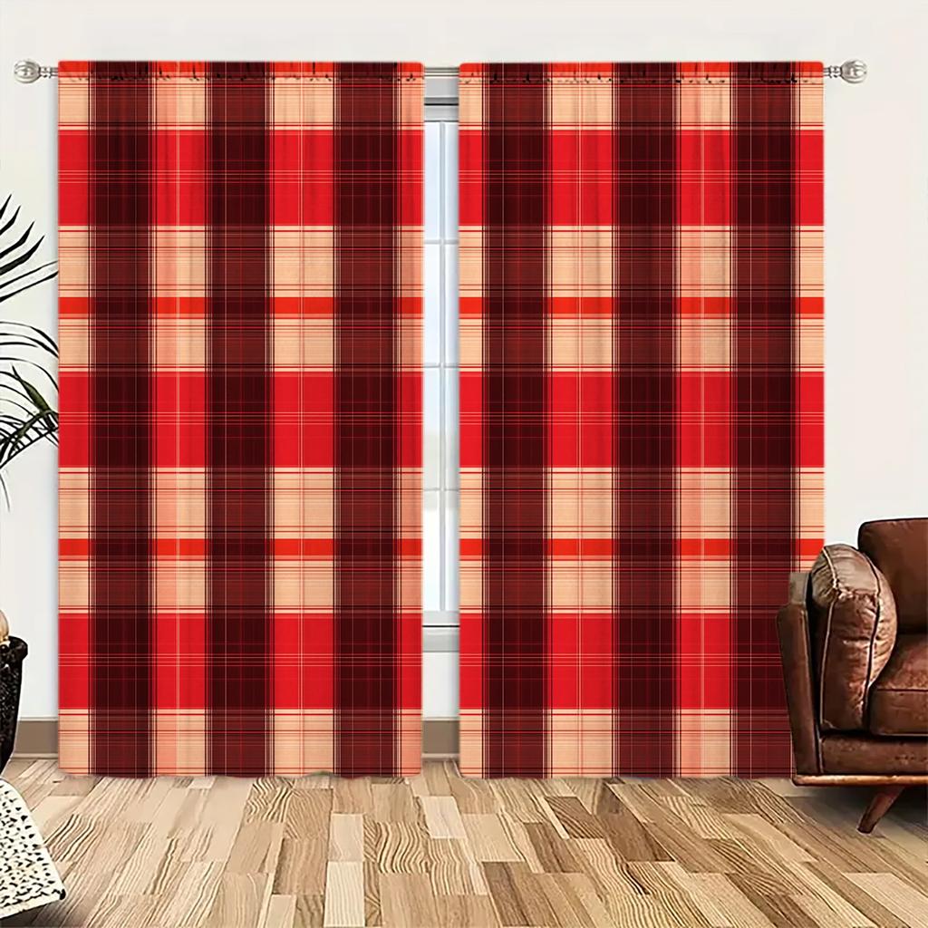 2 st Röd och Svart Rutig Tryckt Gardin för Jul Heminredning - Stångficka Fönsterbehandling för Sovrum, Kontor, Kök