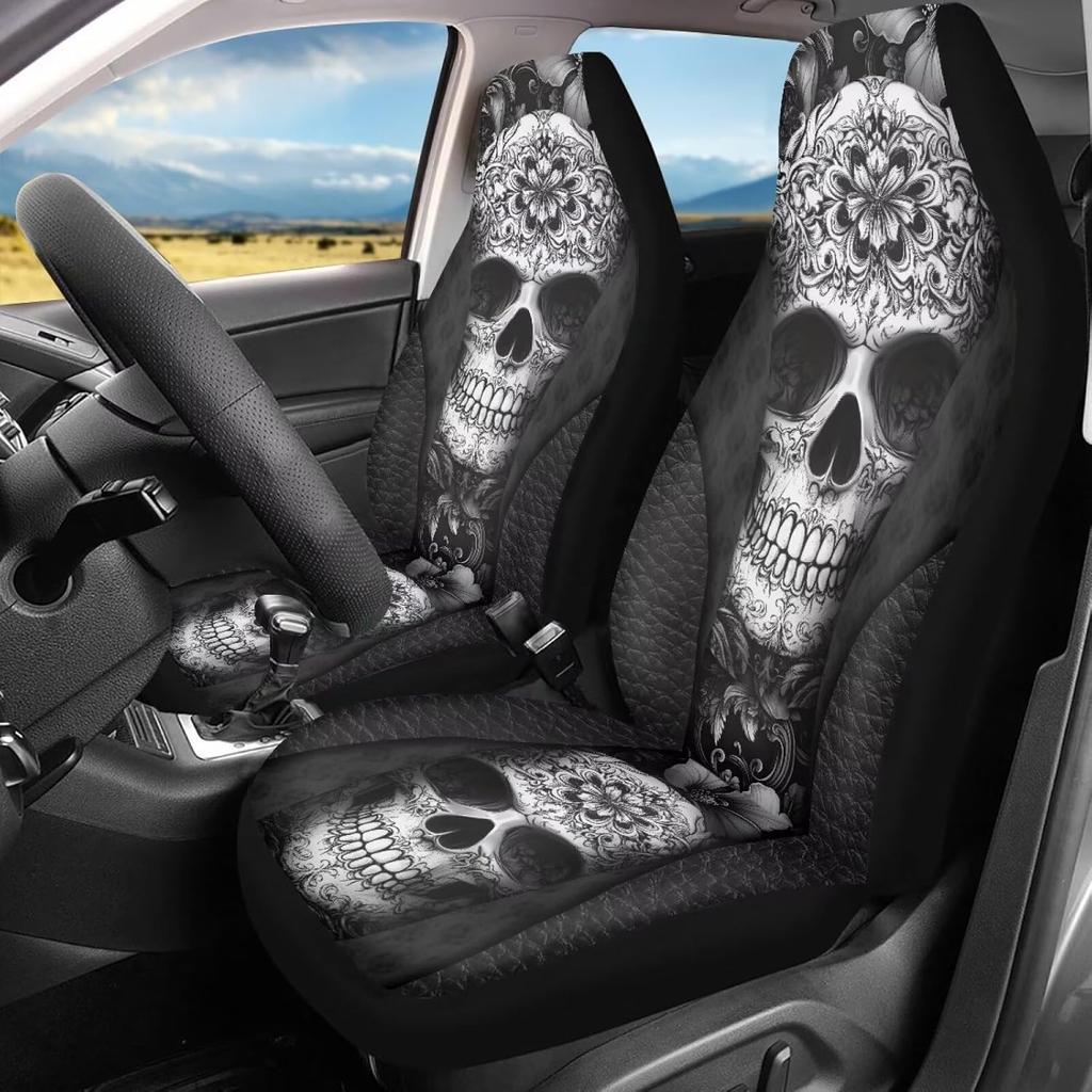 Bulopur Cute Black Gray Skull Set of 2 Car Seat Covers Universal Auto Front Seats Protector Fits for Car,SUV Sedan,Truck