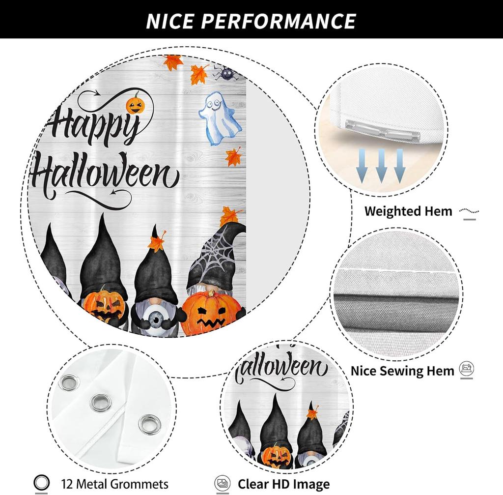 Halloween Shower Curtain Gnomes Pumpkins Ghosts Bats Spiders Happy Halloween Bathroom Decor Waterproof Fabric Festive Party