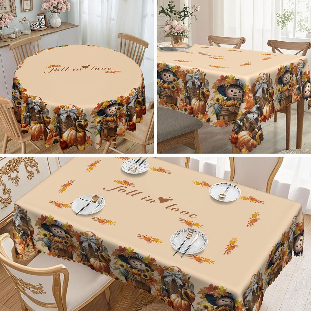 1 Piece, Charming Scarecrow With Autumn Harvest Tablecloth, Rustic Grid And Farmhouse Atmosphere, Pumpkin, Sunflower