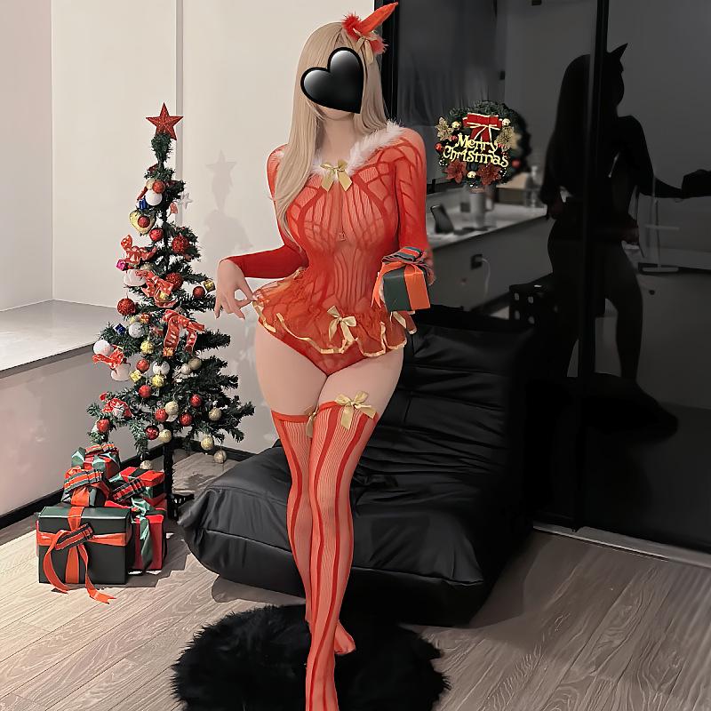 Sexy Christmas Princess Lingerie: Tempting Bodysuit with Fishnet Stockings
