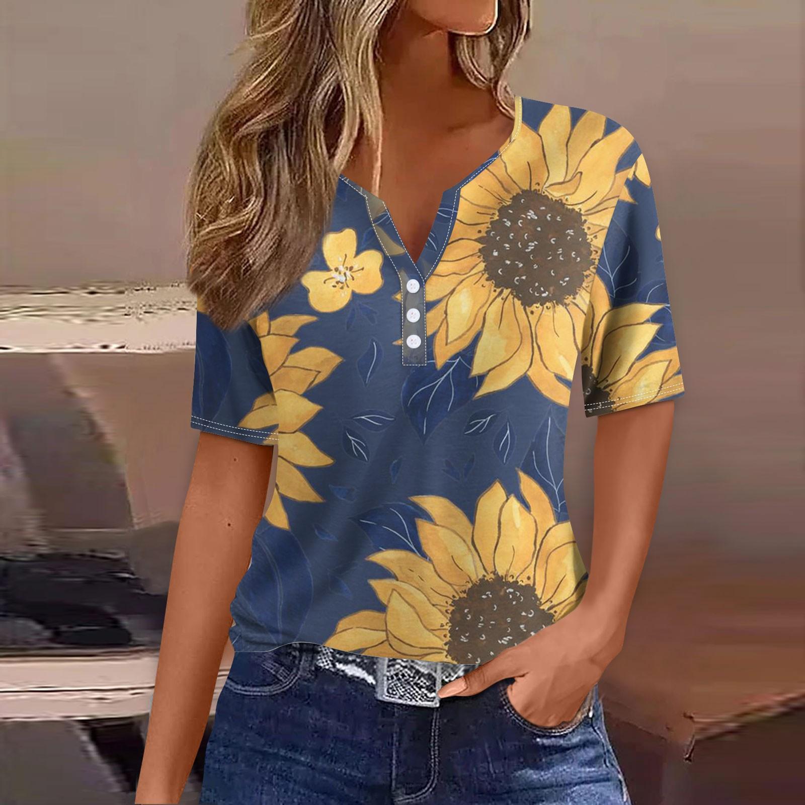 

Жен. Футболка Футболка С принтом Пуговицы С короткими рукавами Повседневные Выходные Мода Классический V-образный вырез Обычный Верх S тёмно-синий