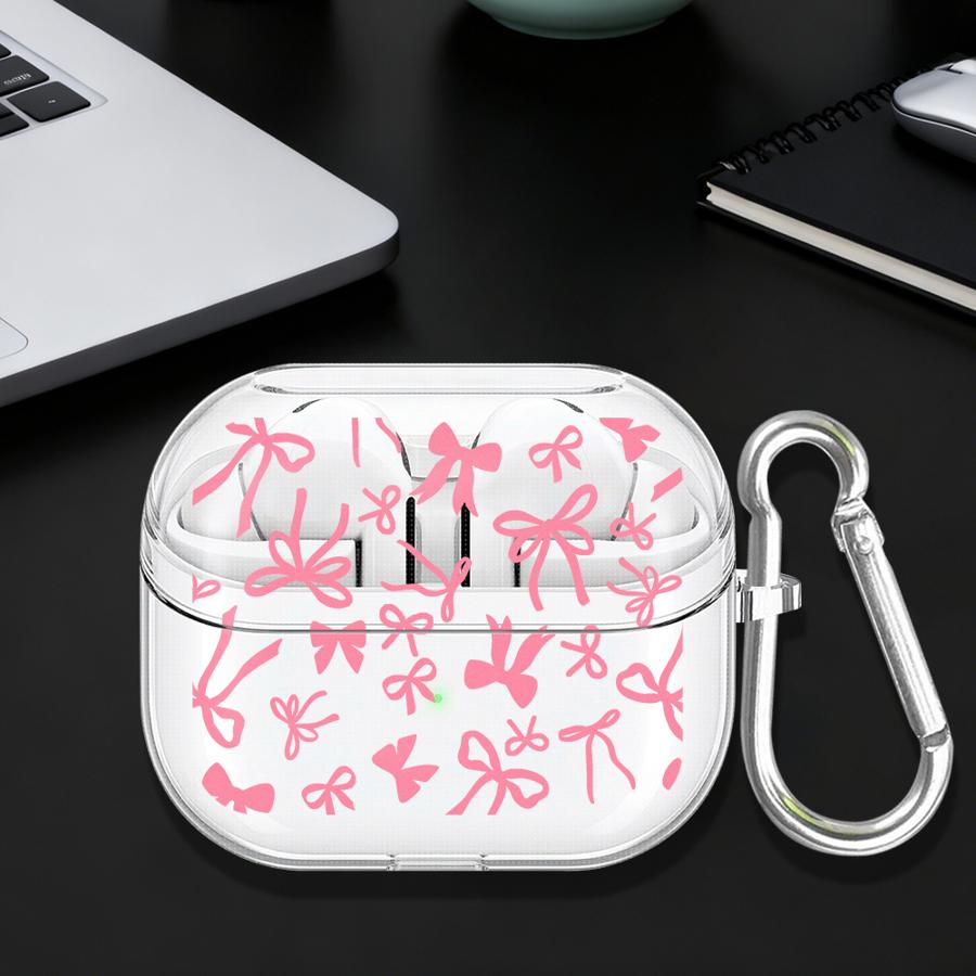 Pink Bow Pattern Clear Earphone Cases Cover With Hook Case For Samsung Galaxy Buds Live 4Pro 2Pro 3 FE 2 3Pro 4 Pro