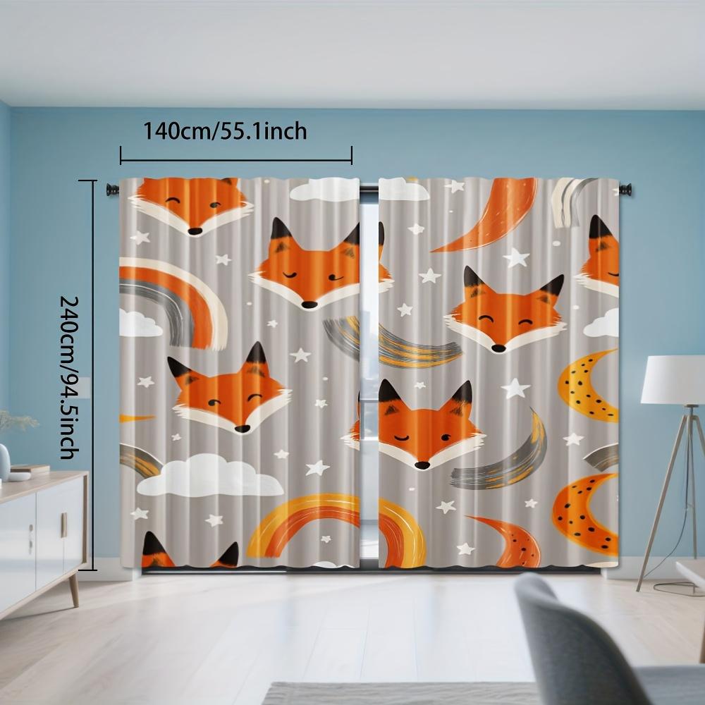 2pcs Elegant Cute Fox Rainbow Star Moon Curtains - Semi-Sheer Light Filtering Polyester Rod Pocket Design with Foxes   Stars & Cl