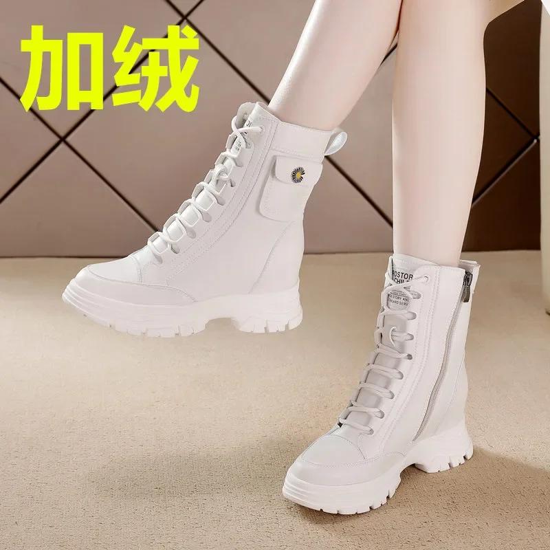 Fashion 7cm Genuine Leather Synthetic Cushioned Platform Wedge Winter Plush Spring Women Spring Durable Ankle Boots Autumn Shoes