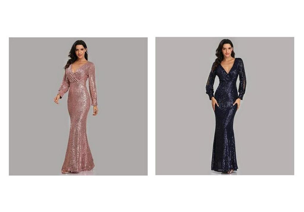 Übergröße V-Ausschnitt Pailletten Meerjungfrau Abendkleid - Mehrfarbig Langarm für Frühling & Herbst