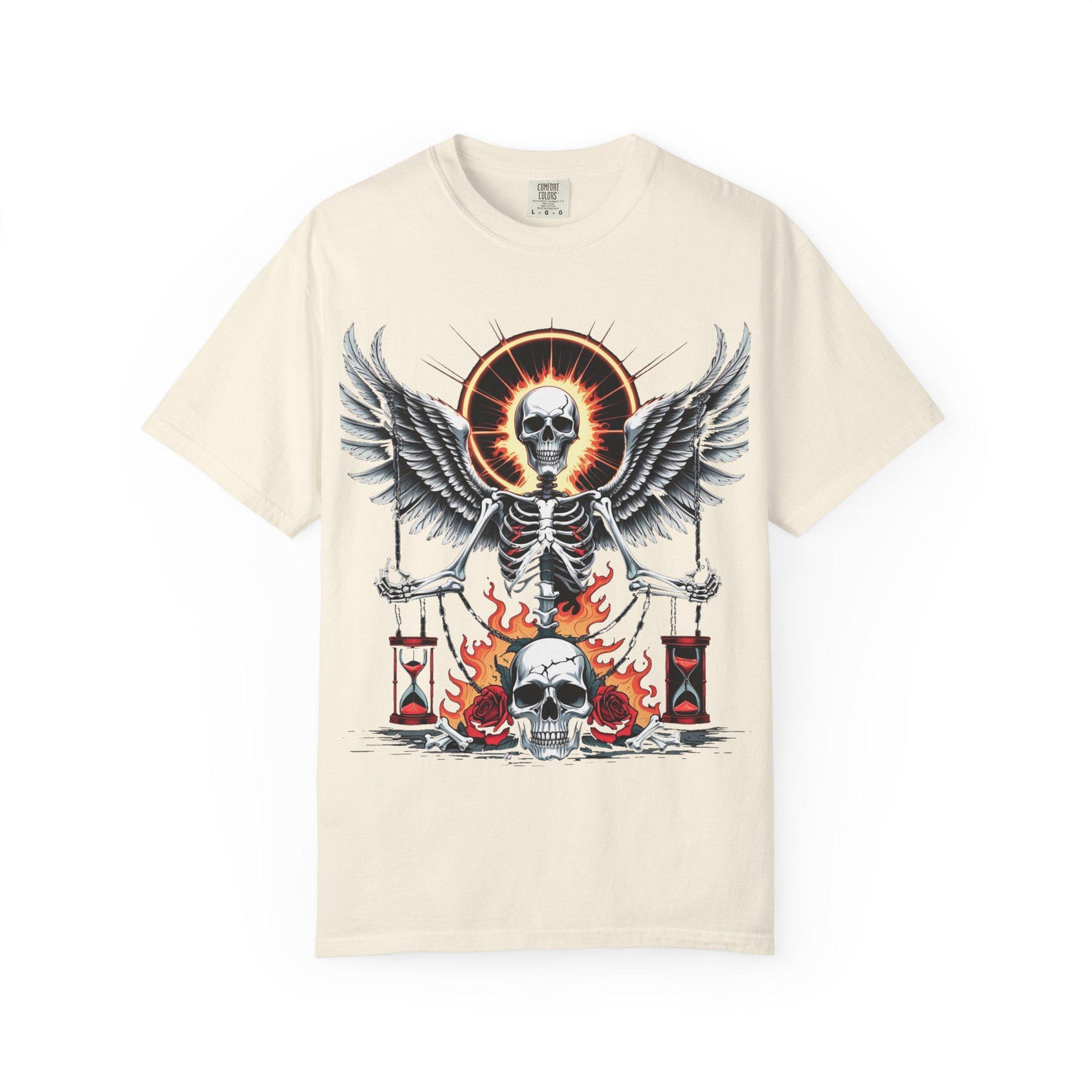 Winged Skeleton Hourglass T-Shirt | Skull Flames Time Is Running Out XL