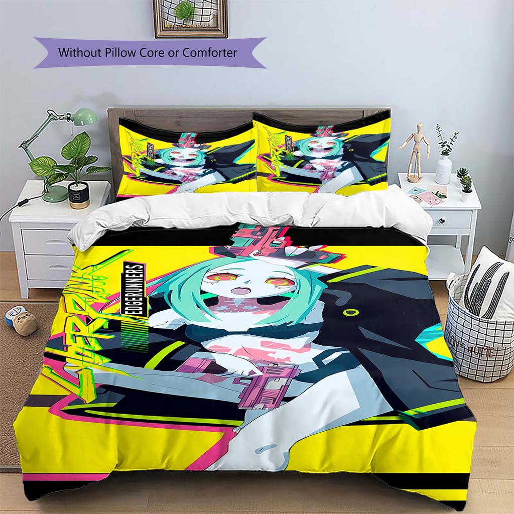 Cyberpunk Edgerunner Muster Bettwäsche, Steppbett Set Bettbezug Kissenbezug Zuhause Geburtstagsgeschenk (1 Bettbezug + 2 Kissenbezüge, ohne Füllung)