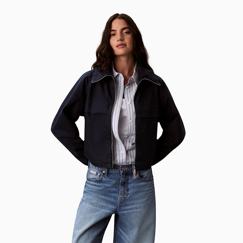 Calvin Klein American Vintage Embroidered Letter Double Zipper Stand Collar Trendy Shell Denim Jacket Women jackets 47F783G S