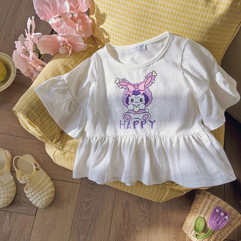 Summer Girls Cartoon Print Bell Sleeve Peplum Top Cute Princess Short Sleeve T Shirt For Kids 90cm