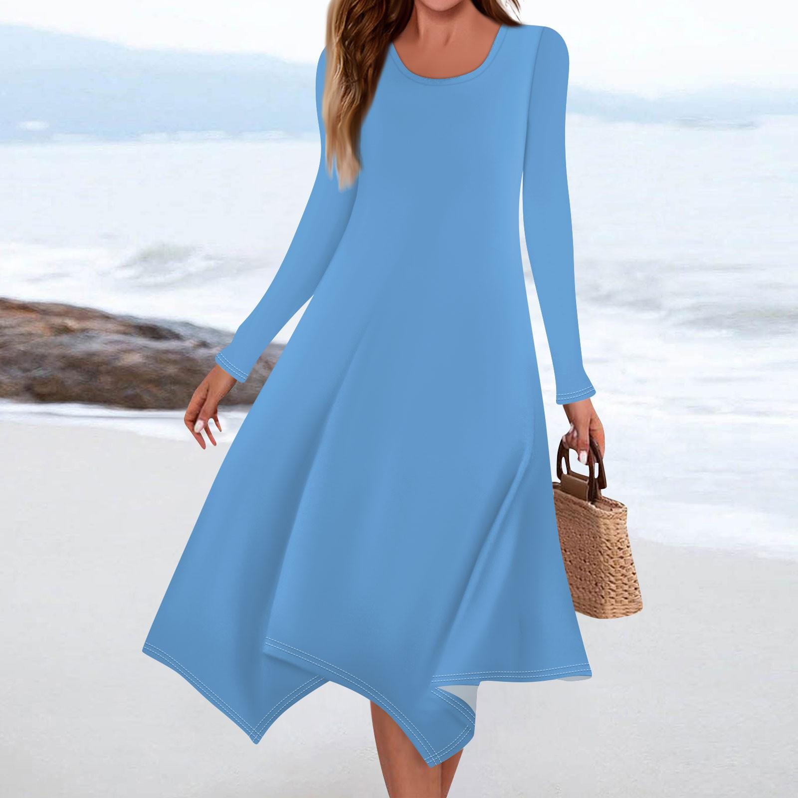 

Женское повседневное модное однотонное платье миди с круглым вырезом и длинными рукавами, нерегулярный подол XXL небесно-голубой