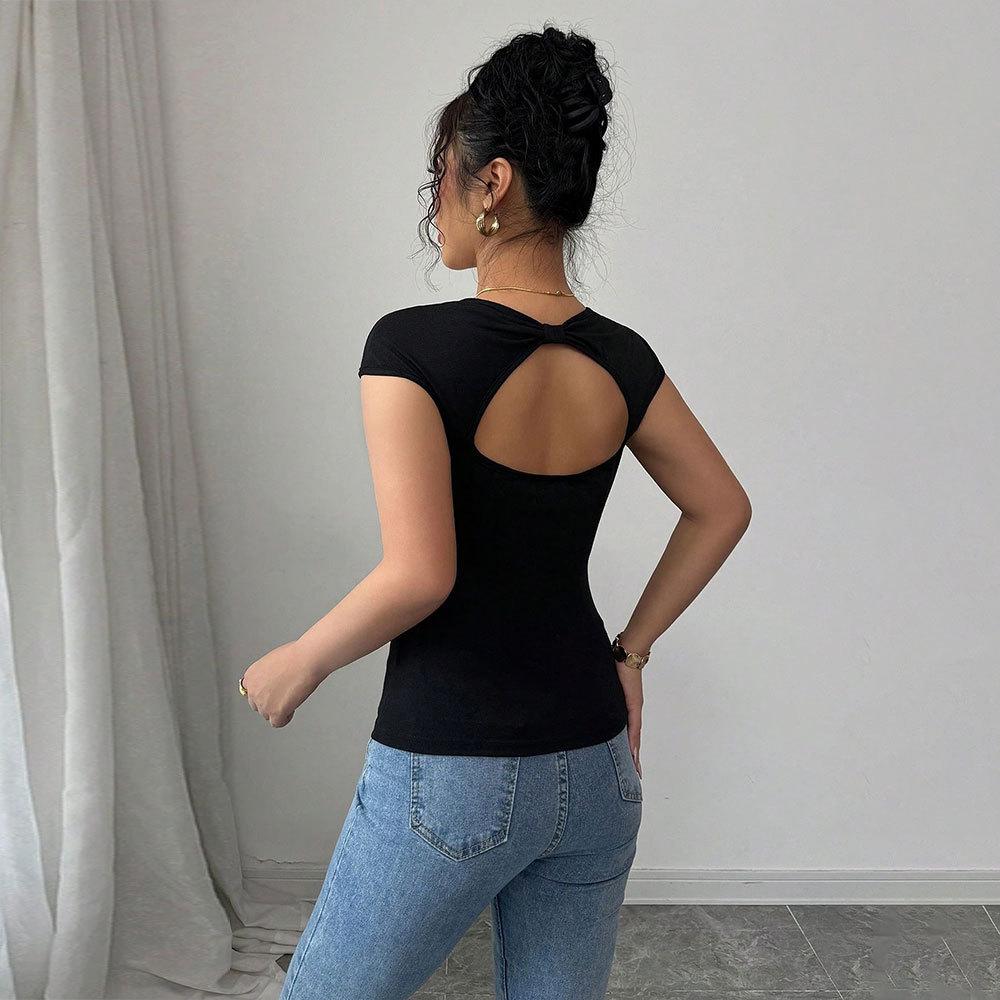 2026 Women's Simple Sexy V-neck T-shirt Backless Design Short Slim Top