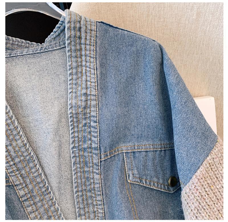Women's Vintage Denim Patchwork Sweater Coat Woman Autumn and Winter Thickened Loose Cardigan