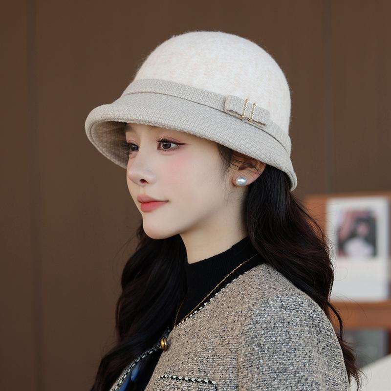 In The Elderly Autumn and Winter Bucket Hat Female British Style Top Hat Warm Woolen Bucket Hat Fashion Basin Hat
