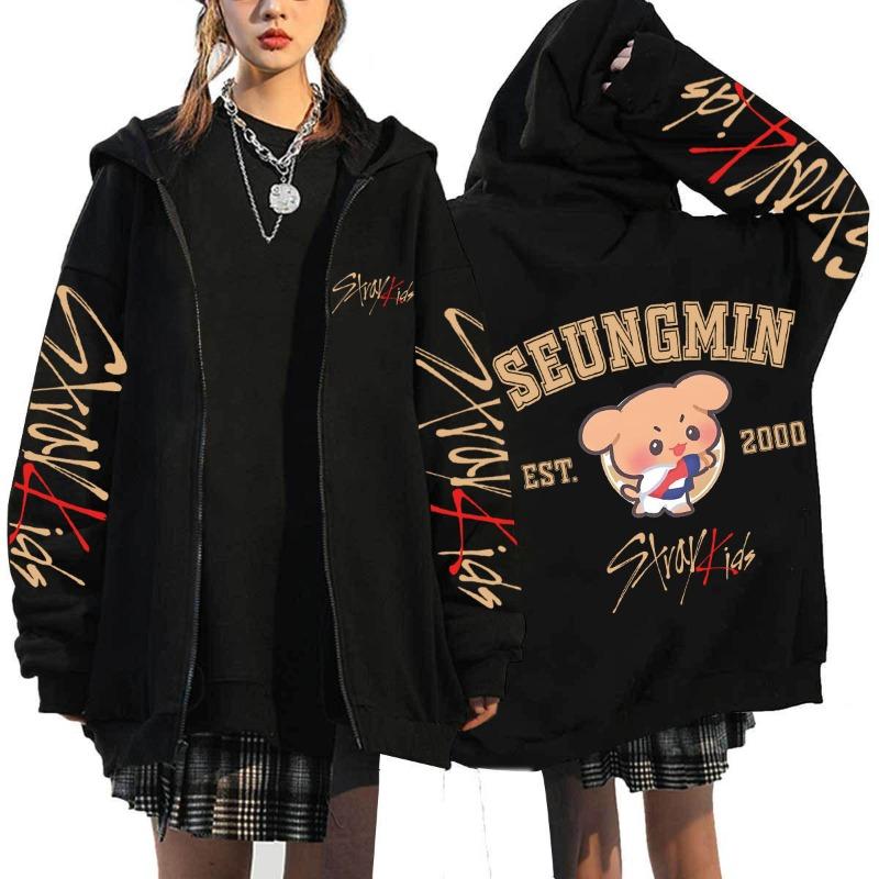 Maglione con cappuccio e cerniera loose Stray Kids versione Q stampato Harajuku maglione con cappuccio maglione con cerniera maglione all'ingrosso