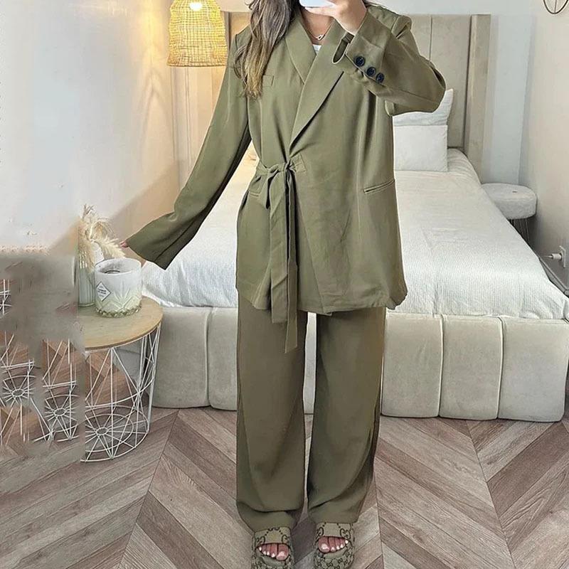 

2023 Осень Европейский и американский однотонный модный костюм свободного кроя и комплект длинных брюк для женщин Large