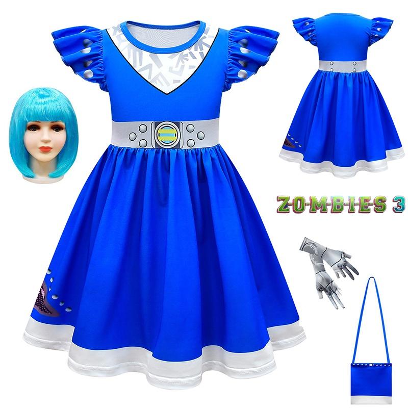 Zombies Kids 3 Cosplay Costume Girls Dress Bag Wig Halloween Outfit Suit Gifts