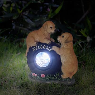 Solar Dog Statue Welcome with LED Lights, Cute Puppy Play Statue, Garden Resin Dog Statue, Patio & Lawn, Unique Gifts