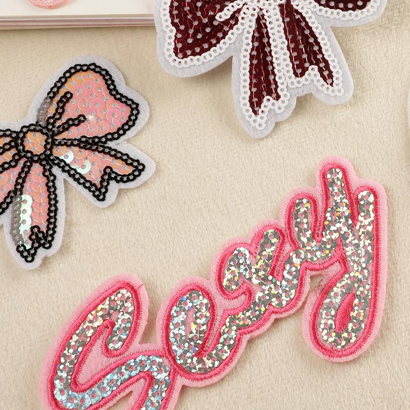 Embroidery label Embroidery patch sticker Badge logo Sequin bow English clothing accessories cloth sticker