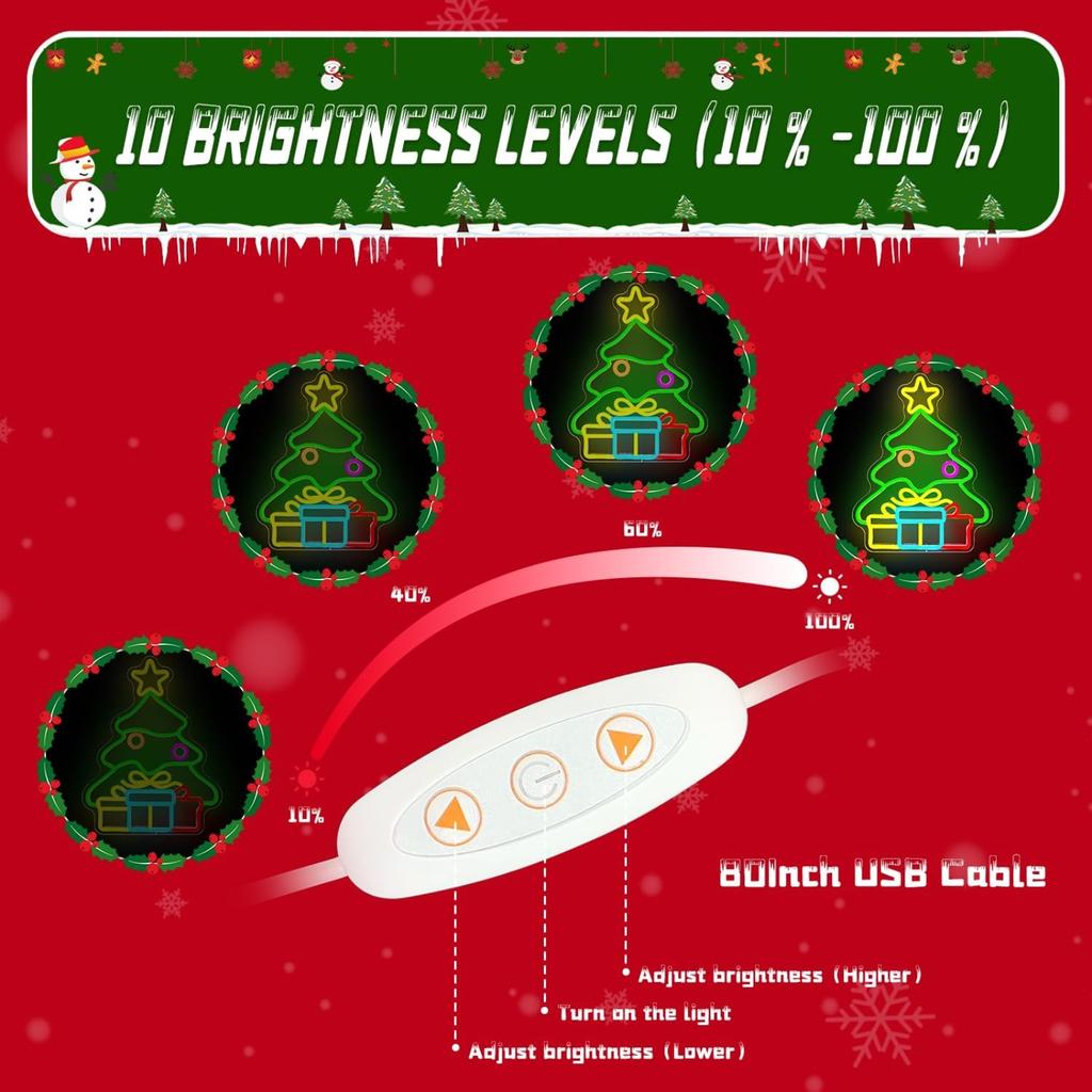 USB Plug-in Christmas Tree Bells LED Neon Decoration Pendant Sign Light 41x32cm with 2m Cable, 1kg Weight, Includes 2 Adhesive