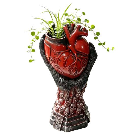Unique Gothic Art Gift Hand Holding Human Heart Organ Vase, Anatomical Shaped Personalized Window Display Spooky Halloween Desktop Flower Pot