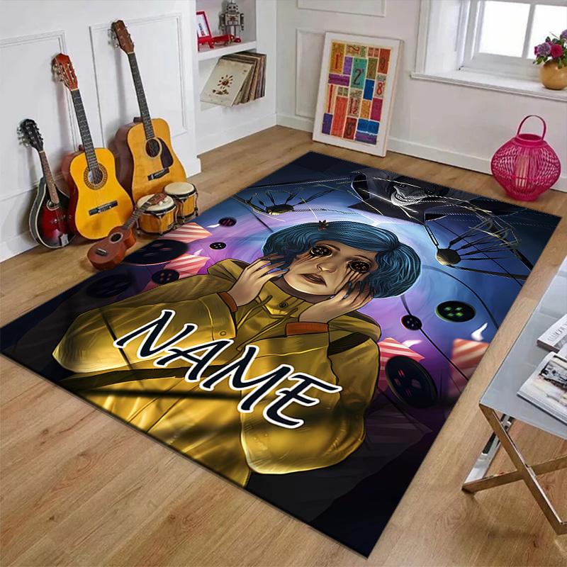 Custom Coraline Mat Personalized Name, Polyester Washable Indoor Entryway Rug, Gift for Christmas, Easter, Thanksgiving Day