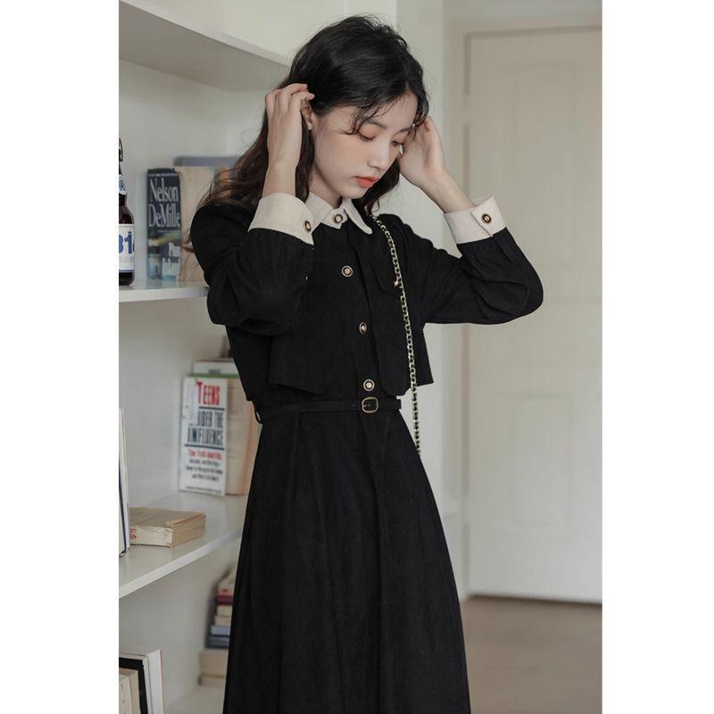 Elegant French Retro Waist-Cinched Corduroy Dress for Women - Slimming, Two-Piece Faux Design for Spring and Autumn