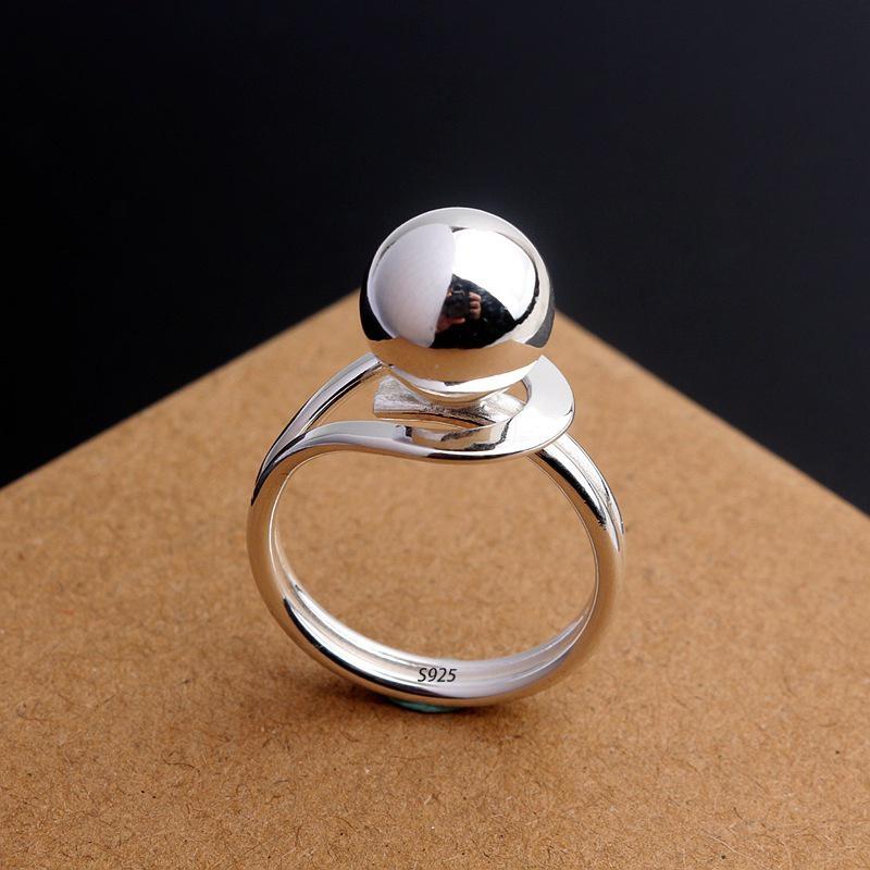 Sam Panda 925 Silver Simple Ring For Women Fine Jewelry Finger Adjustable Open Vintage Big Ball Ring For Party Birthday