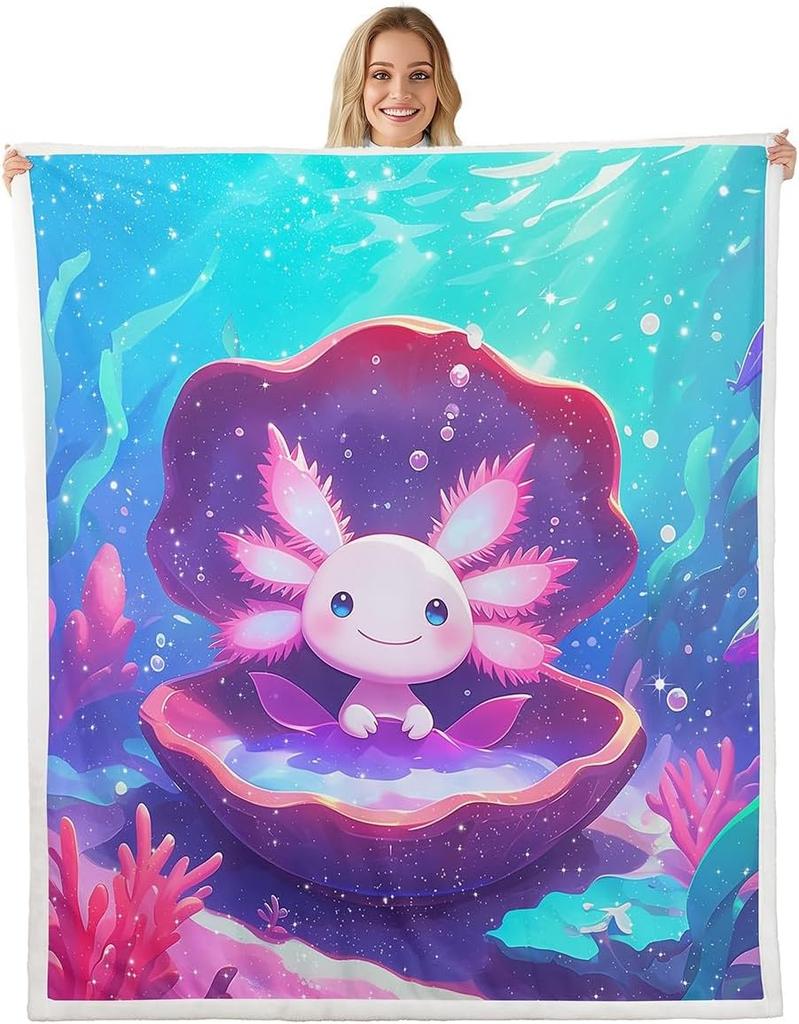 Cute Pink Axolotl Blanket Soft Fleece Throw Cherry Blossom Design Fantasy Art Kids Room Decor