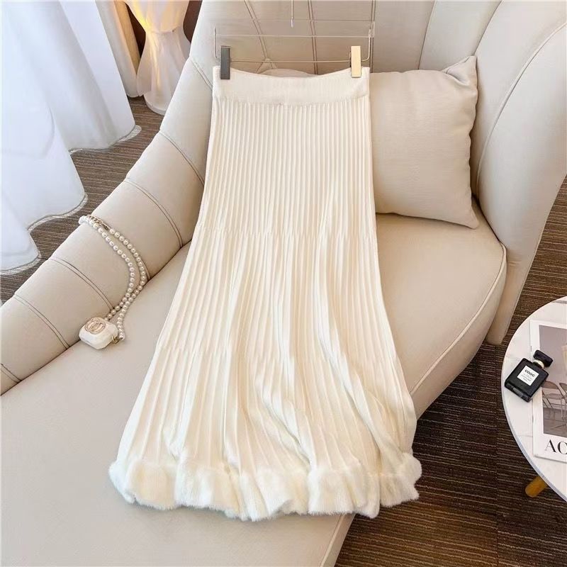

High Waist Women s Autumn Winter Mink Wool Knitted Midi Skirt Soft Style A-Line Pleated Skirt S