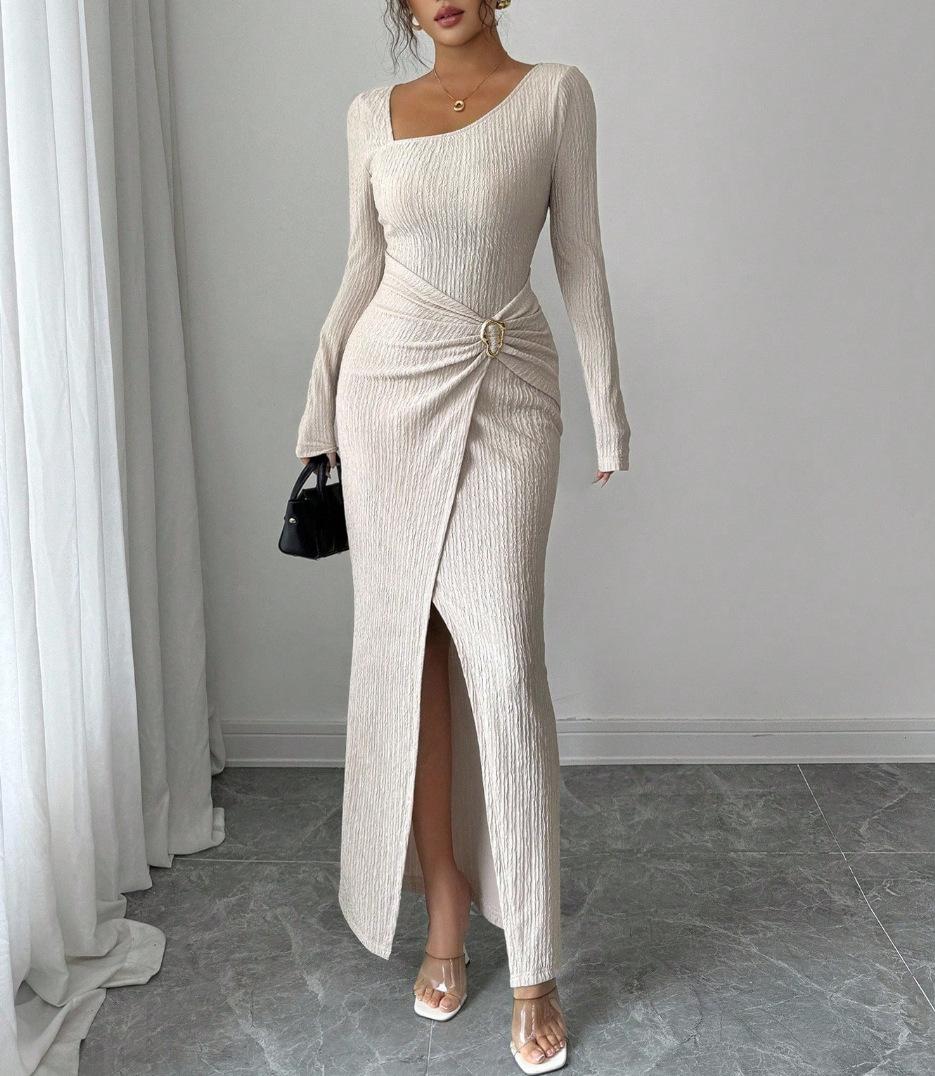 2025 European Style Long Sleeve Slim Fit Knit Dress S слоновая кость/белый